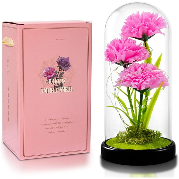 Flores de Clavel Artificiales en Cúpula de Vidrio con Luz LED