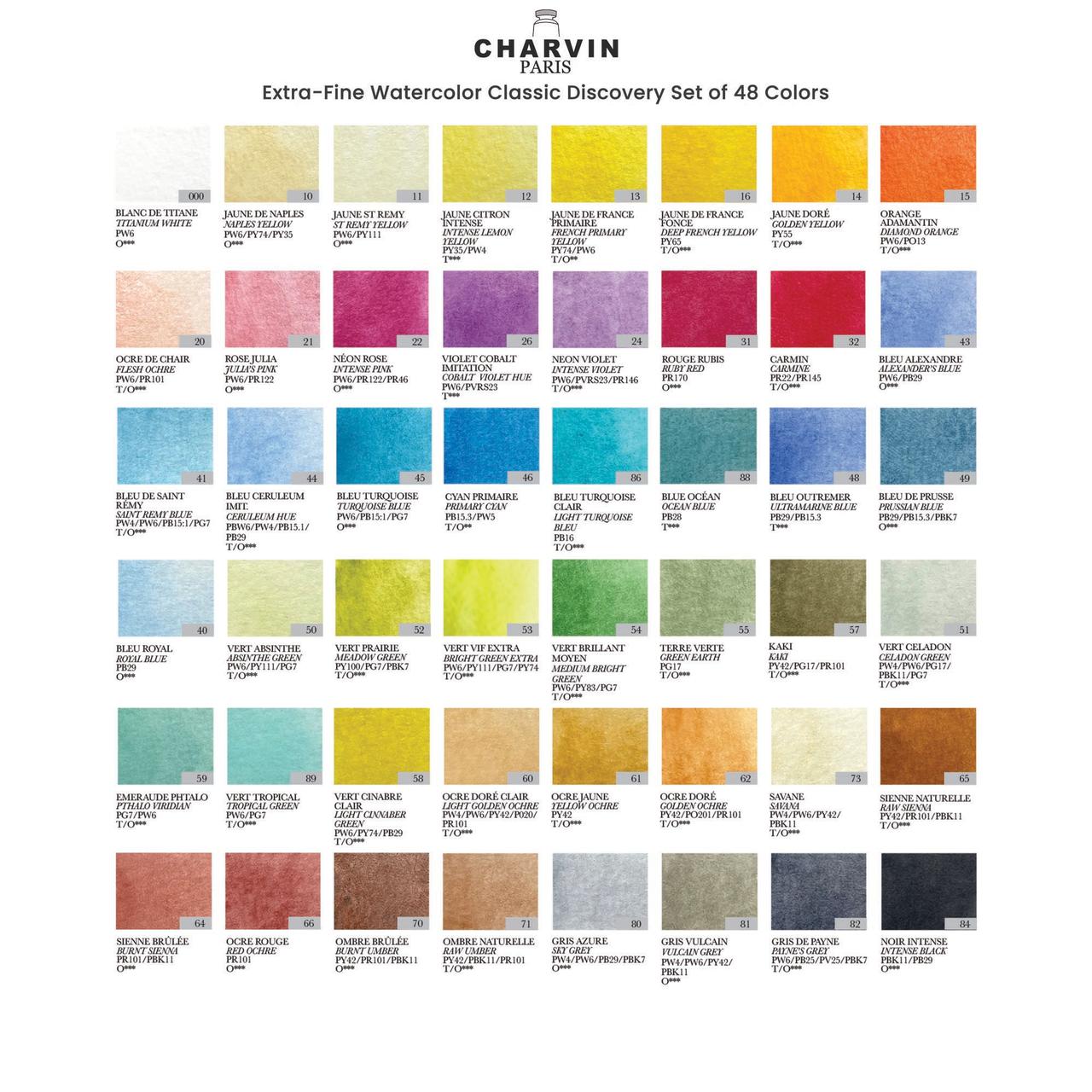 Charvin Extra-Fine Professional Watercolor Paint Set -  Watercolor Half Pan Set of 48, Made in France, Smooth Shellac-Like Finish, Transparent Pigments, Ideal for Layering & Mixed Media