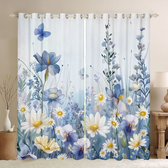 Erosebridal Blue White Floral Black Out Curtains for Girls, Dreamy Garden Curtains Pack of 2 (42x63 Each)