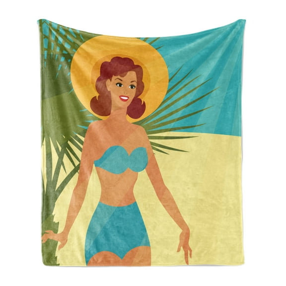 Pin up Girl Soft Flannel Fleece Throw Blanket, 1950s Style Woman Wearing Strapless Blue Bikini and a Hat in an Exotic Beach, Cozy Plush for Indoor and Outdoor Use, 50" x 70", Multicolor, by Ambesonne