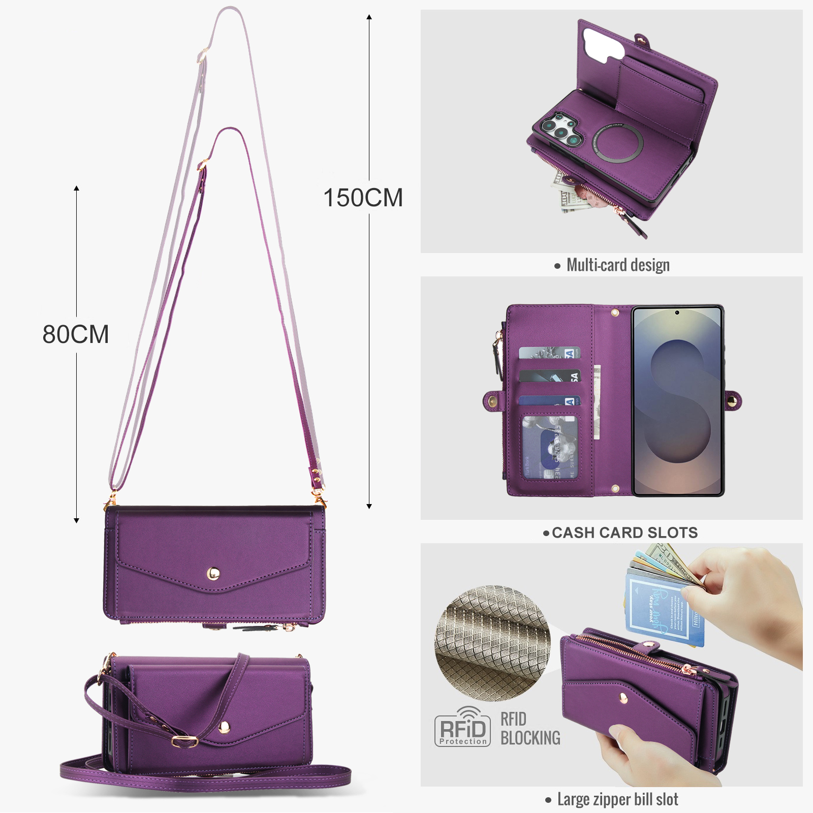 Designed for Samsung Galaxy S24 Multi-Function Wallet Phone Case,With Shoulder Strap&Wrist Strap,Cash Pocket&Card Slots,Zipper Purse,Magnetic Detachable PU Leather Flip Phone Case,Purple