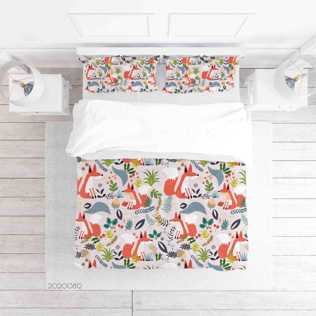 3D Dibujado a Mano Floral Planta Zorro Animal Funda de edredón Juego de Ropa de Cama Funda Nórdica