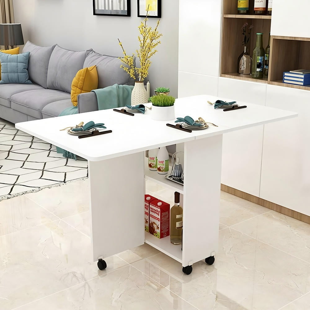 Kadyn Kitchen Table, Dining Table,Folding Drop Leaf Dining Table with 6 Wheels and 2-Layer Storage Shelf, White
