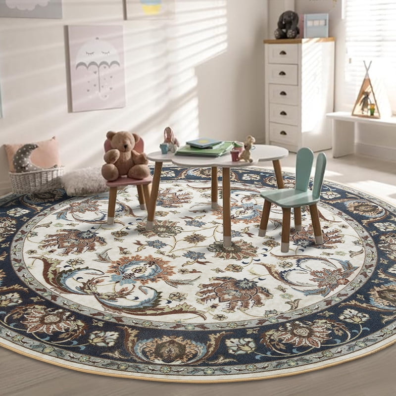 Jamfeel Round Rugs Vintage Print Low Pile Non-slip Circle Carpet Indoor Area Rug for Living Room Nursery, 6ft, Cyan