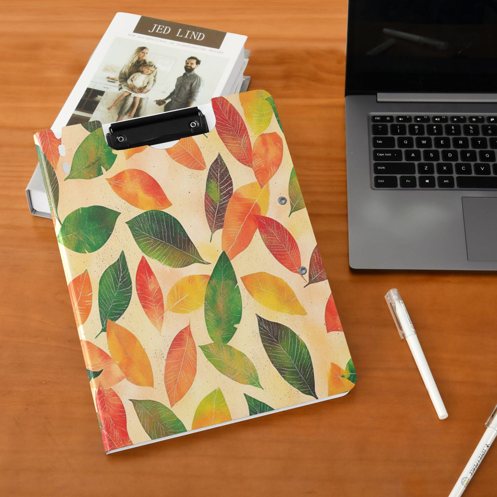 FORMRS A4 Clipboard Folder with Pen Holder Horizontal Foldable School Office Binder, Green Retro Autumn Leaves