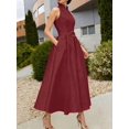 thumbnail image 3 of Burgundy Sleeveless High-Neck A-Line Midi Dress With Belted Waist, 3 of 9