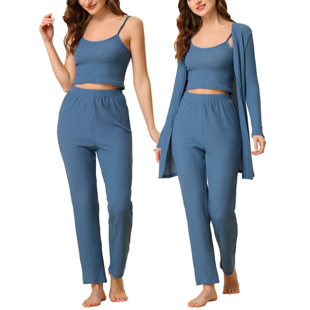 Pijama de punto para mujer, ropa de dormir informal, pantalones, cárdigan encogimiento de hombros, conjunto de salón 3ps, pequeño azul
