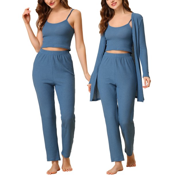 Pijama de punto para mujer Ropa de dormir casual Pantalones Shrug Cardigan 3ps Lounge Set Azul medio
