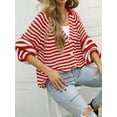 thumbnail image 4 of Womens Striped Sweater Coat Casual Long Sleeve Open Front Button Down Loose Knit Cardigan Fall Red M, 4 of 8