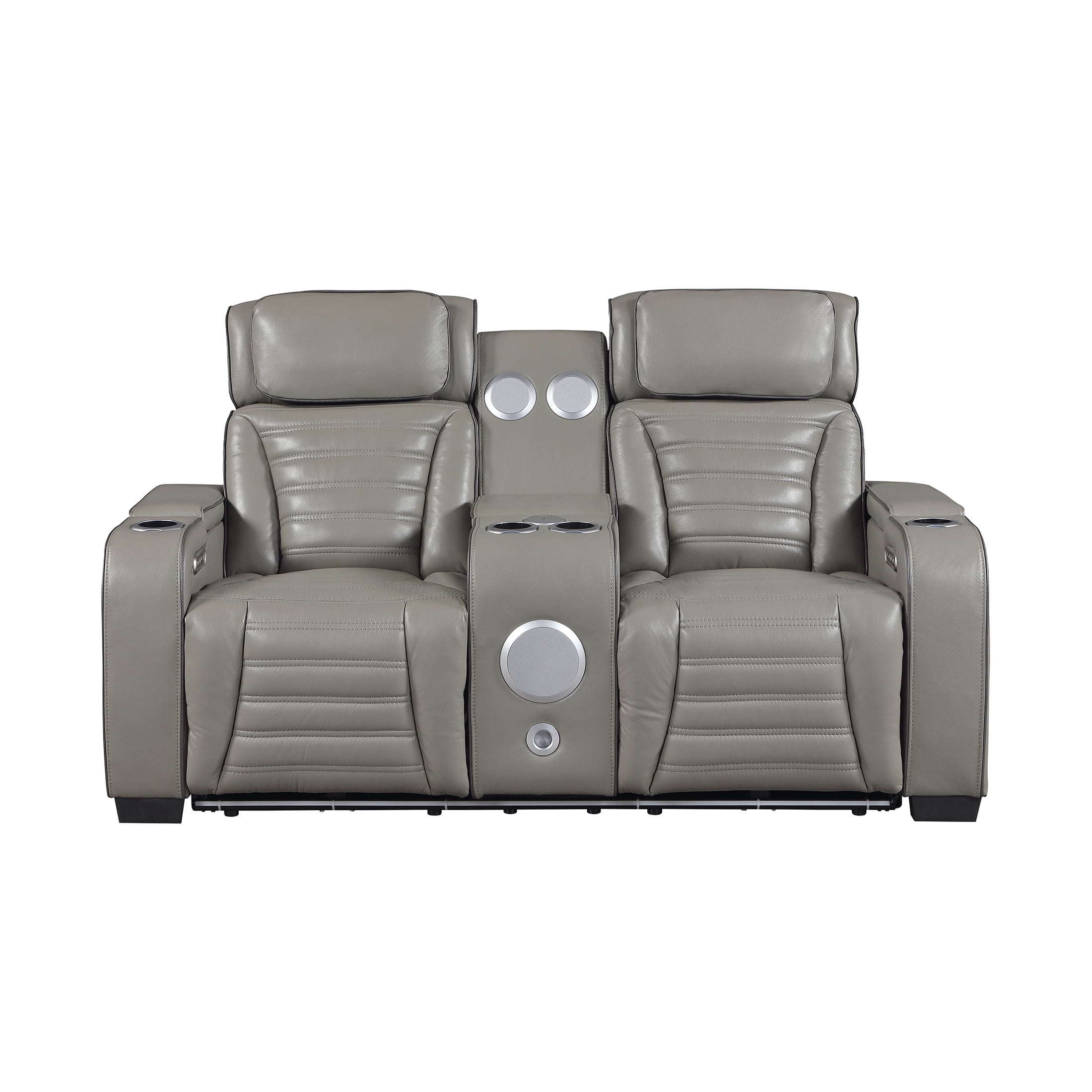 OakvillePark Elantra Leather Match Power Double Reclining Love Seat with Center Console/Power Headrests/Storage Arms/Cup Holders/Wireless speakers/Air Massage/Heat/LED Lighting/Charging Ports, Gray