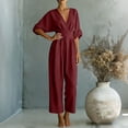 thumbnail image 6 of Moxiu Women's Elegant V Neck Jumpsuits Plus Size Dressy Casual Half Sleeve Wide Leg Long Pants Rompers Formal Office Work Overalls Wine,L, 6 of 7