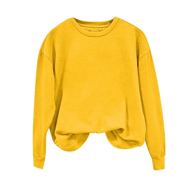 Baberdicy T-Shirts pour Femmes Chandail en Molleton Col Rond Coupe Ample Couleur Unie Manches Longues Hauts Automne Femmes Hauts Jaunes