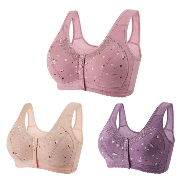 Timegard 3pc Front Closure Bras for Women Plus Size Button Full Coverage Comfort Wireless Bras with Support