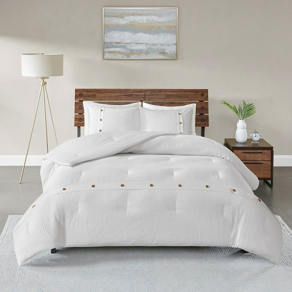 3 Piece Cotton Waffle Weave Comforter set White King/Cal King