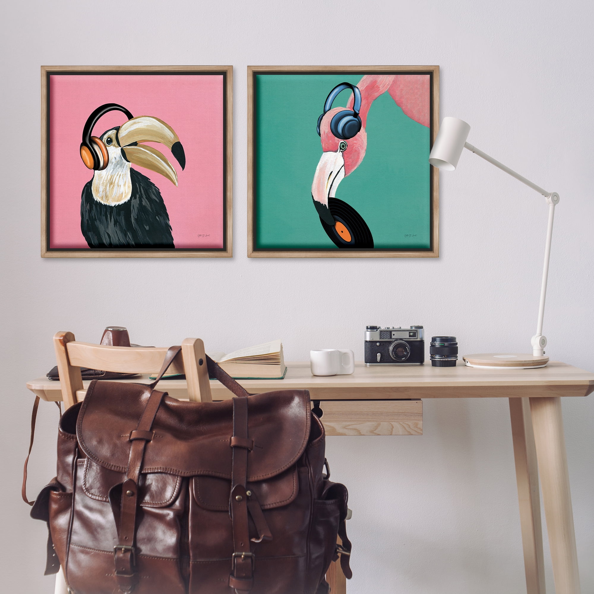 Stupell Industries Toucan and Flamingo Musical Pals Animals Painting Brown Floater Framed Canvas Art Print Wall Art, 25 x 25, Set of 2