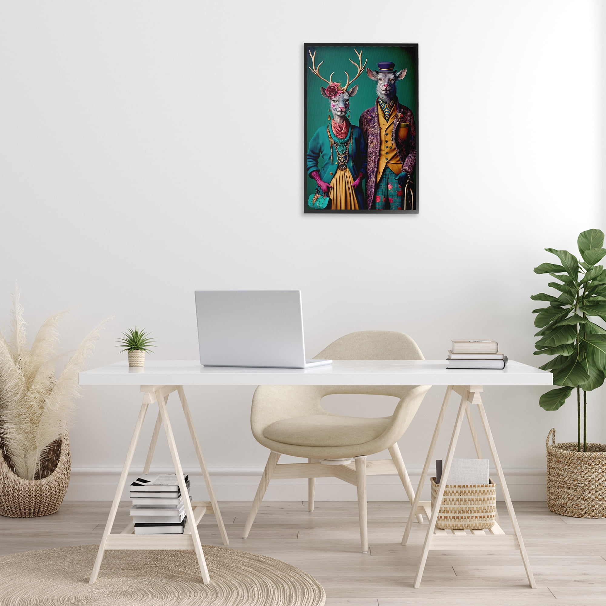 Stupell Industries Deer in Historic Clothes Novelty Painting Black Framed Art Print Wall Art, 16 x 24