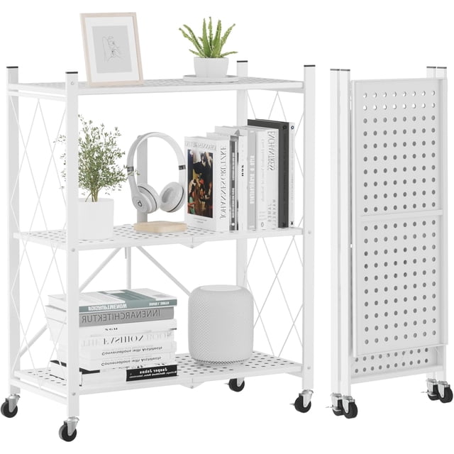 Storage Shelves with Wheels Bookshelf with Storage No Assembly Metal Rack Shelf for Kitchen Office Laundry Garage Tier )
