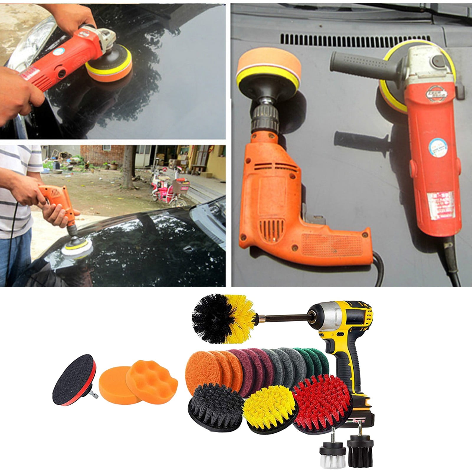 22Pcs Drill Brush Attachment Cleaning Set, Multi Purpose Scrub Pad Sponge Polishing Kit Heavy Duty Nylon Bristle for Car Detailing Bathroom Kitchen Tile Wheel Rim Household Tool