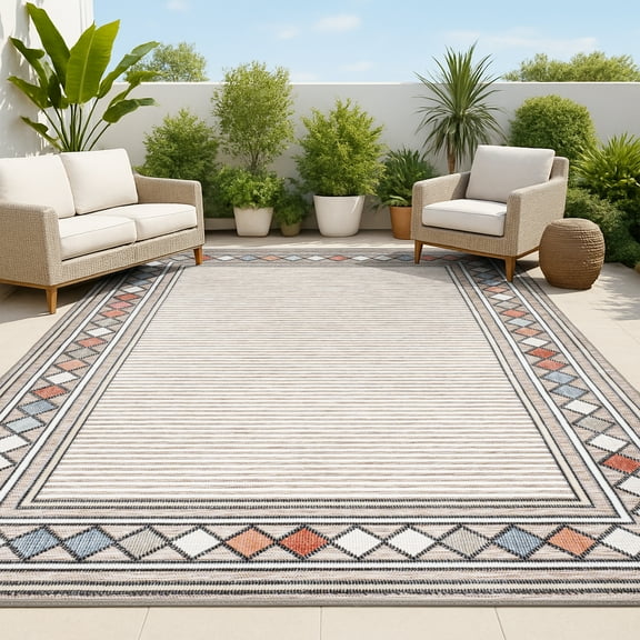 JONATHAN Y HAWAII 3 x 5 Area Rug, Sebastian Diamond Border - Brown/Ivory, HWC102A-3