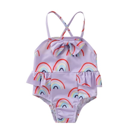 

Nokpsedcb Toddlers Infants Baby Girls One-Piece Swimsuit Rainbow Print Bow Front Sleeveless Ruffle Beach Bathing Suit Purple 2-3 Years