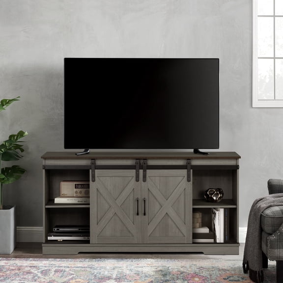 Farmhouse TV Stand with Sliding Barn Doors, Media Entertainment Center Console Table for TVs up to 65”,2-Tier Large Storage Cabinets,Rustic TV Stand for Living Room Bedroom, Grey