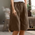 thumbnail image 2 of RYRJJ Cotton Linen Bermuda Shorts for Women Summer Casual Knee Lenght Shorts Button Elastic Waist Wide Leg Short with Pockets(Brown,M), 2 of 6