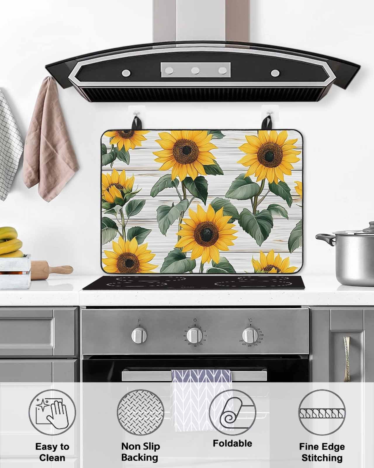 nqOlkjepod Large Induction Cooktop Protector Mat 24"x21", Country Sunflowers Stove Top Covers for Electric Stove, Retro Pastoral Floral Wooden Plank Stove Burner Cover Mats, Glass Top Stove Cover