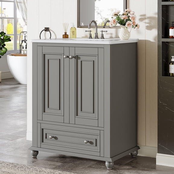 Fnova 24" Bathroom Vanity with Ceramic Sink Combo, Freestanding Bathroom Storage Vanity Cabinet with 2 Doors & 1 Drawer, Solid Wooden Frame & Coated Surface, Metal Handle, Grey