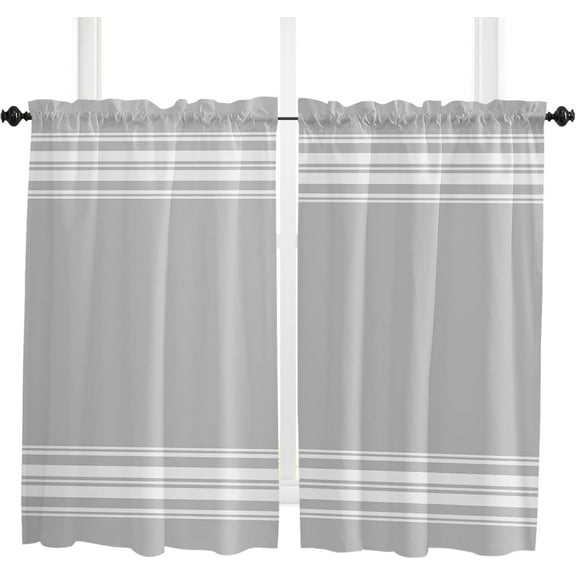 Grey White Stripe Kitchen Curtains 54 Inches Long, Country Farmhouse Modern Rustic Rod Pocket Window Curtains Panels for Bedroom/Bathroom, Light Filtering Treatment Curtains Drapes 42''''x54''''