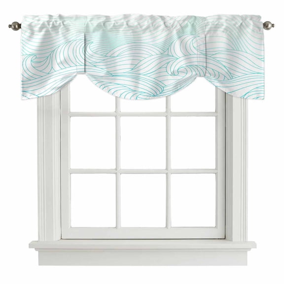 Coastal Ocean Tie Up Valance Curtains for Windows, Kitchen Curtains Window Treatments, Modern Minimalist Sea Waves Striped Art Short Window Shades Valances for Bedroom Bathroom Cafe 42"x18"