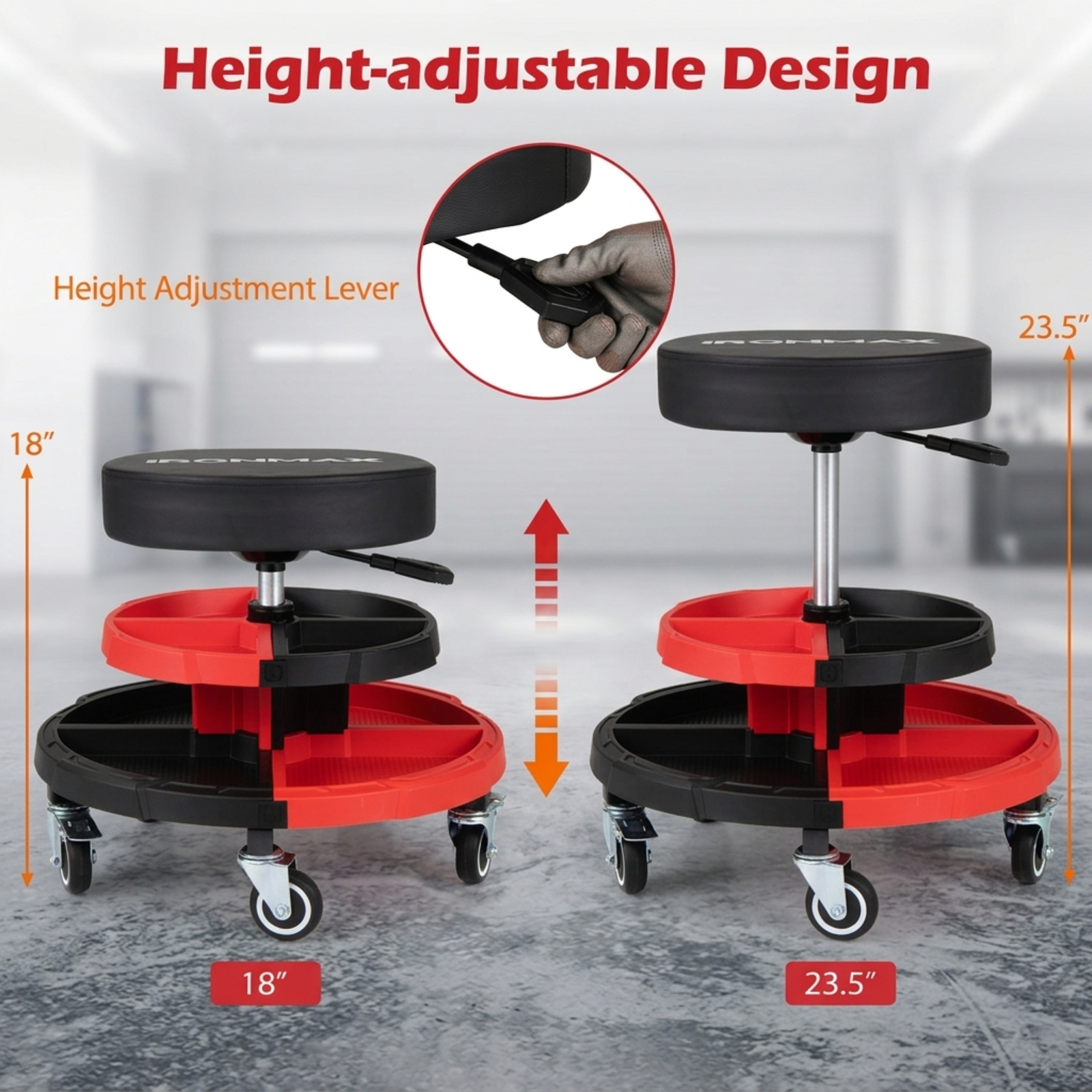 Biotree Rolling Mechanic Stool 23.5" x 20.5" for Auto Repair Workshop Mechanic with Tool Tray for Garage Shop, Red
