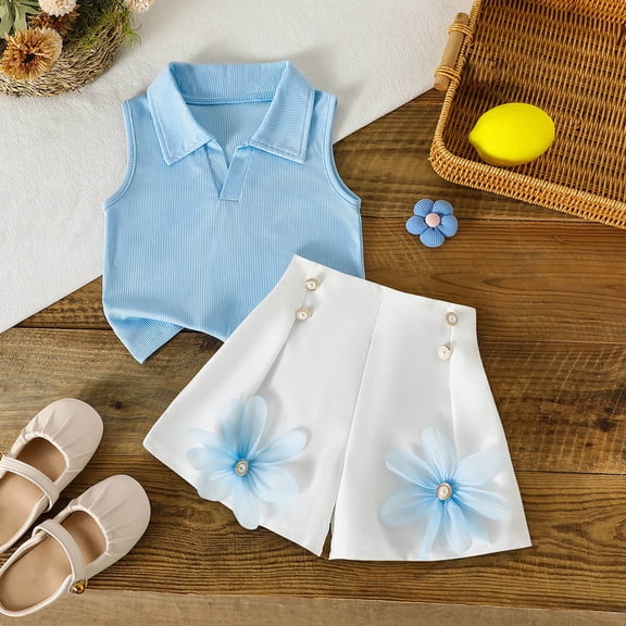 Amidoa Girls Summer Outfit Sets 2 Piece T-Shirt Solid color Tank Top and Shorts Set Kids Clothing Sets Blue Size 8