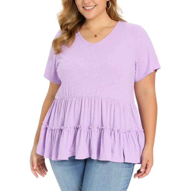 GRACE & GRANDEUR Blusas de verano de mujer en tallas grandes, tops de babydoll para Pascua, con textura, de capas, plisadas, con cuello en V, de manga corta, ajuste suelto, peplum 2X púrpura