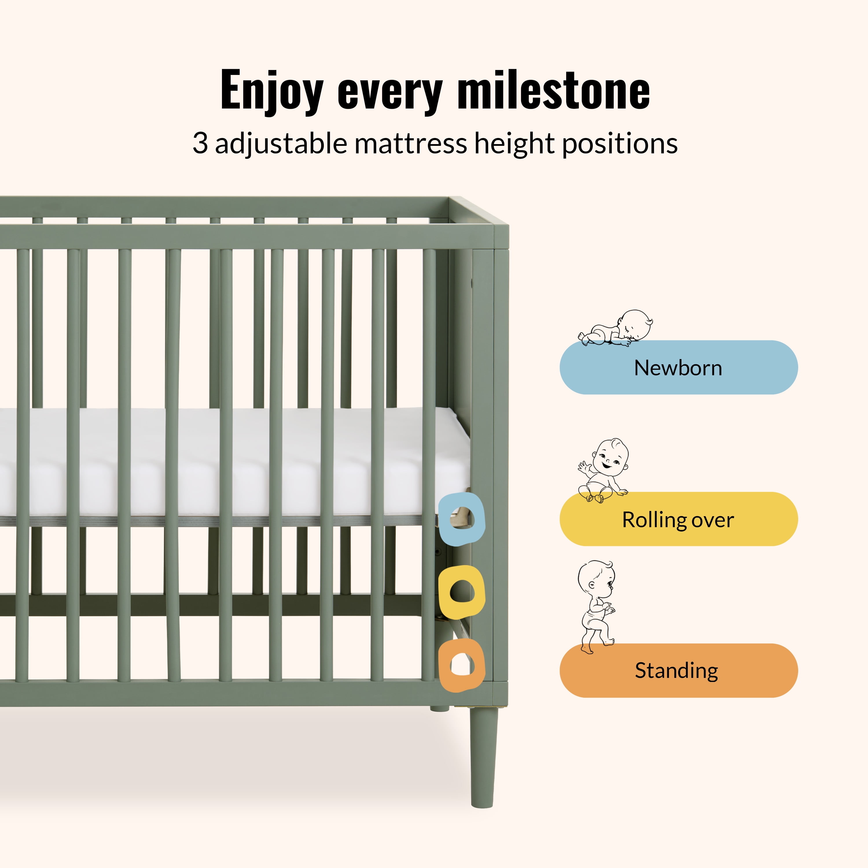 Dream On Me Lucas Mini Modern Crib With Rounded Spindles I Convertible Crib I Mid- Century Meets Modern I Portable Crib, Meadow Green