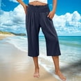 thumbnail image 6 of Bloomae Womens Cropped Pants Wide Leg High Smoked Waisted Palazzo Pants Summer Flowy Beach Lounge Casual Cropped Trousers with Pockets Navy XL, 6 of 8