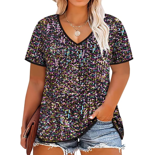 Blusas de lentejuelas TIYOMI, talla grande, manga corta y cuello en V para mujer