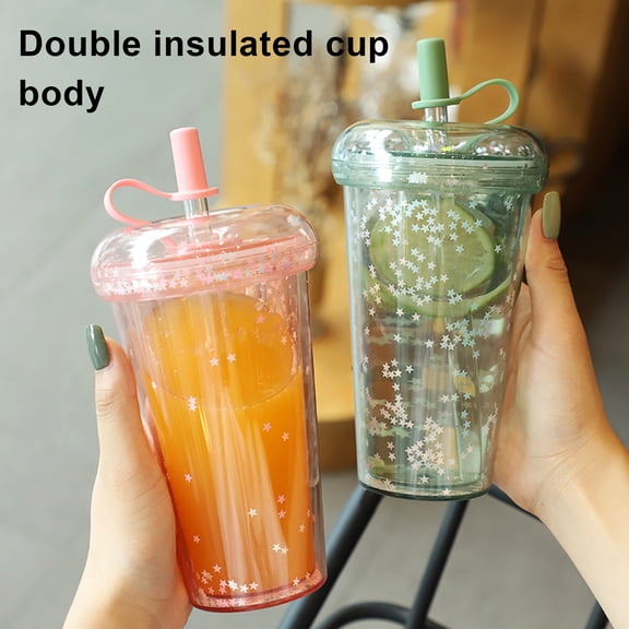 Queroig Leak-proof Iced Coffee Cup Reusable Straight Pipette Cup with Built-in Straws Double Wall Insulated Iced Coffee Tumbler Cartoon Drinking Cup