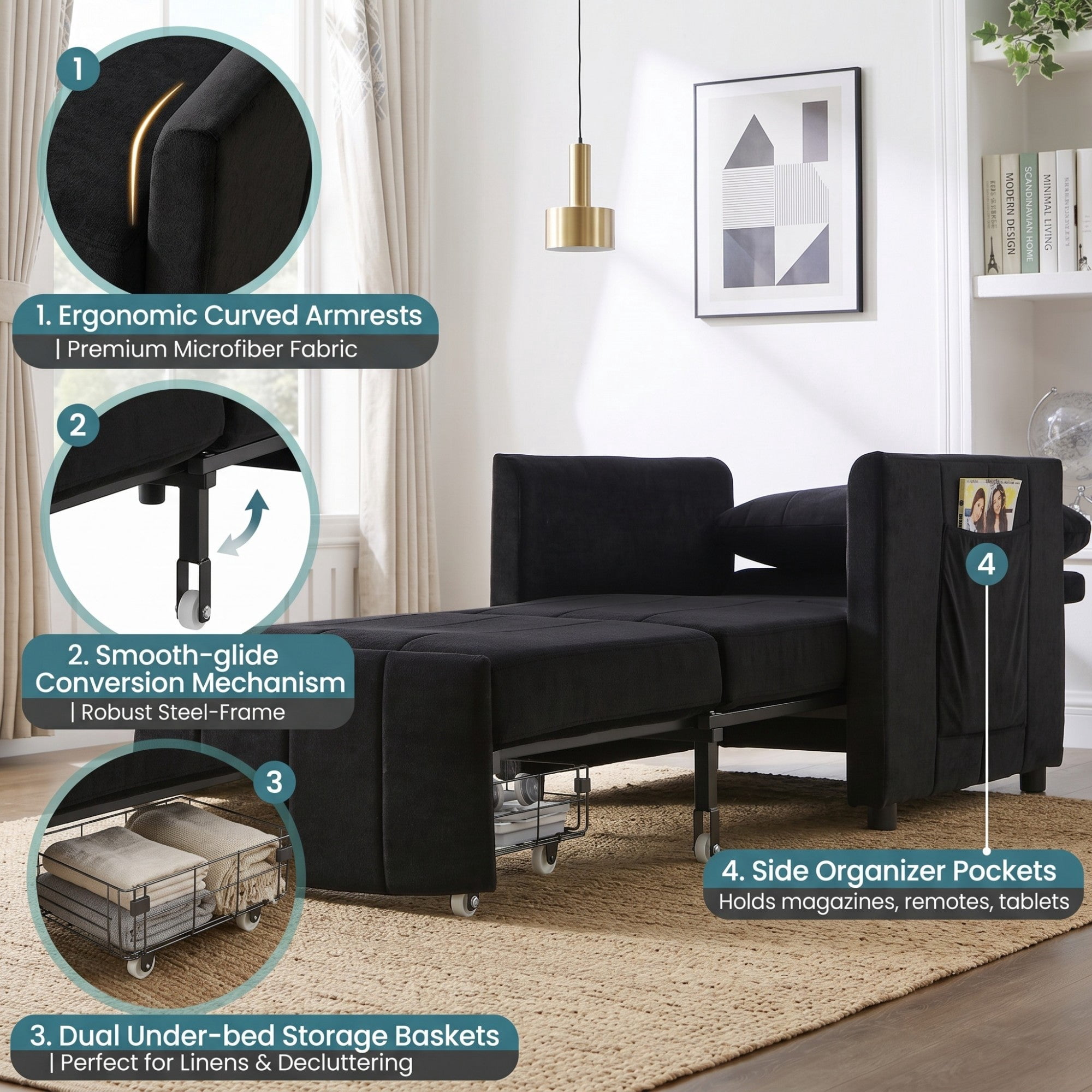 Sailvan 31.5" Convertible Pull Out Sofa Bed, Adjustable Chenille Sleeper Chair with Storage Black