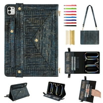 for iPad Air 6th 13" 2024 M2/Pro 12.9" 2022 2021 2020 2018 Case, Handbag PU Leather Stand with Elastic Hand Strap Detachable Adjustable Shoulder Strap Pencil Holder Document Card Pocket, Blue