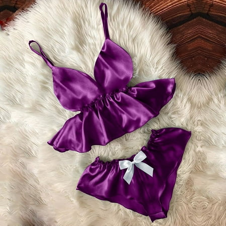 

Women s 2 Piece Pajama Set Lingerie Satin Cami Crop Top and Shorts Pj Set Soft Nighty Purple 3XL