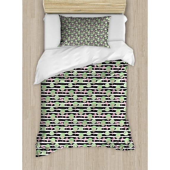 Nursery Duvet Cover Set Twin Size, Childish Pattern of Trees and Butterflies on Stripes, Decorative 2 Piece Bedding Set with 1 Pillow Sham, Charcoal Grey Pale Green Pale Pink White, by Ambesonne