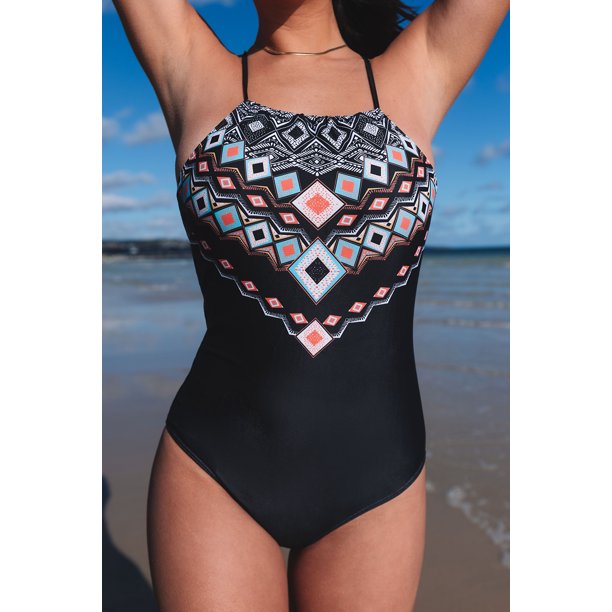 ABPHQTO Traje de baño de una pieza con detalle geométrico negro para mujer