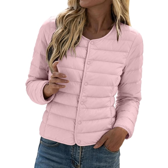 CHGBMOK Women's Lightweight Quilted Puffer Jacket Round Collar Snap Button Packable Short Padded Coat Casual Slim Warm Outerwear