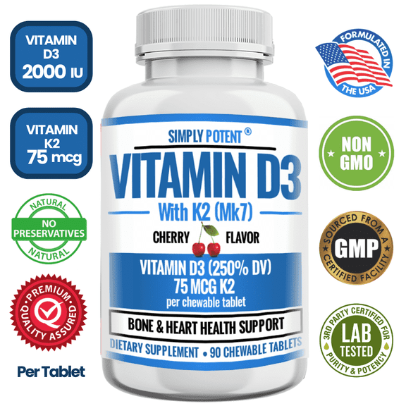 Simply Potent Vitamin D3 2000IU   K2 75MCG, Cherry Chewable Tablets for Heart, Bone, Teeth, Mood & Immune, 90 Count