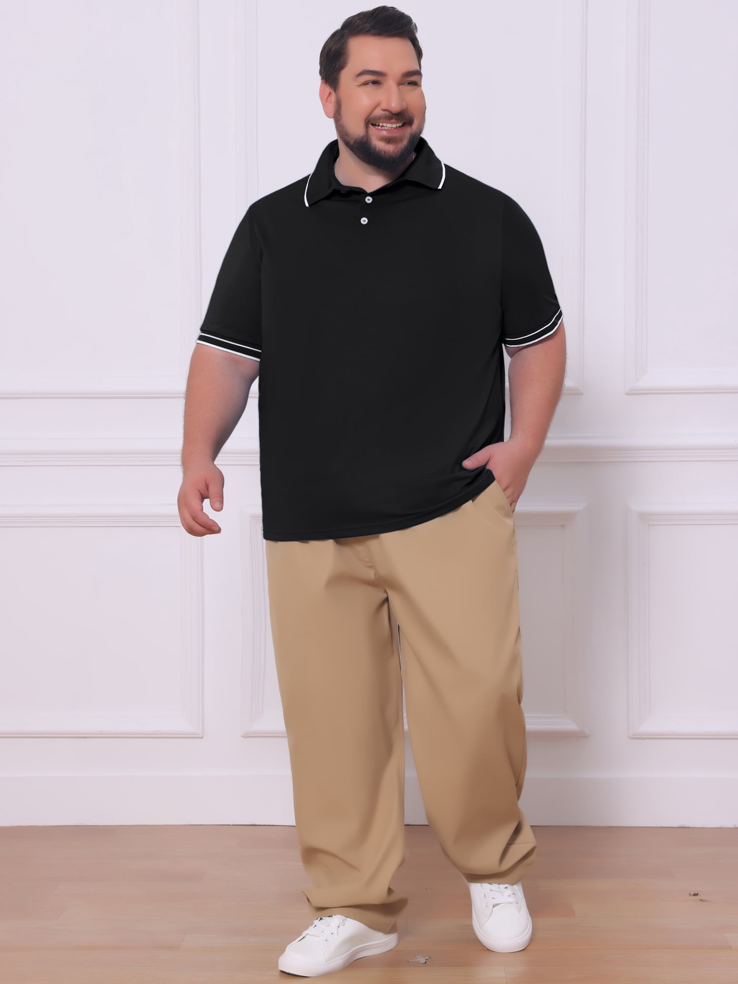 DARING DIVA Men's Big Tall Contrast Trim Short Sleeve Work Office Golf Shirts 5XL Black
