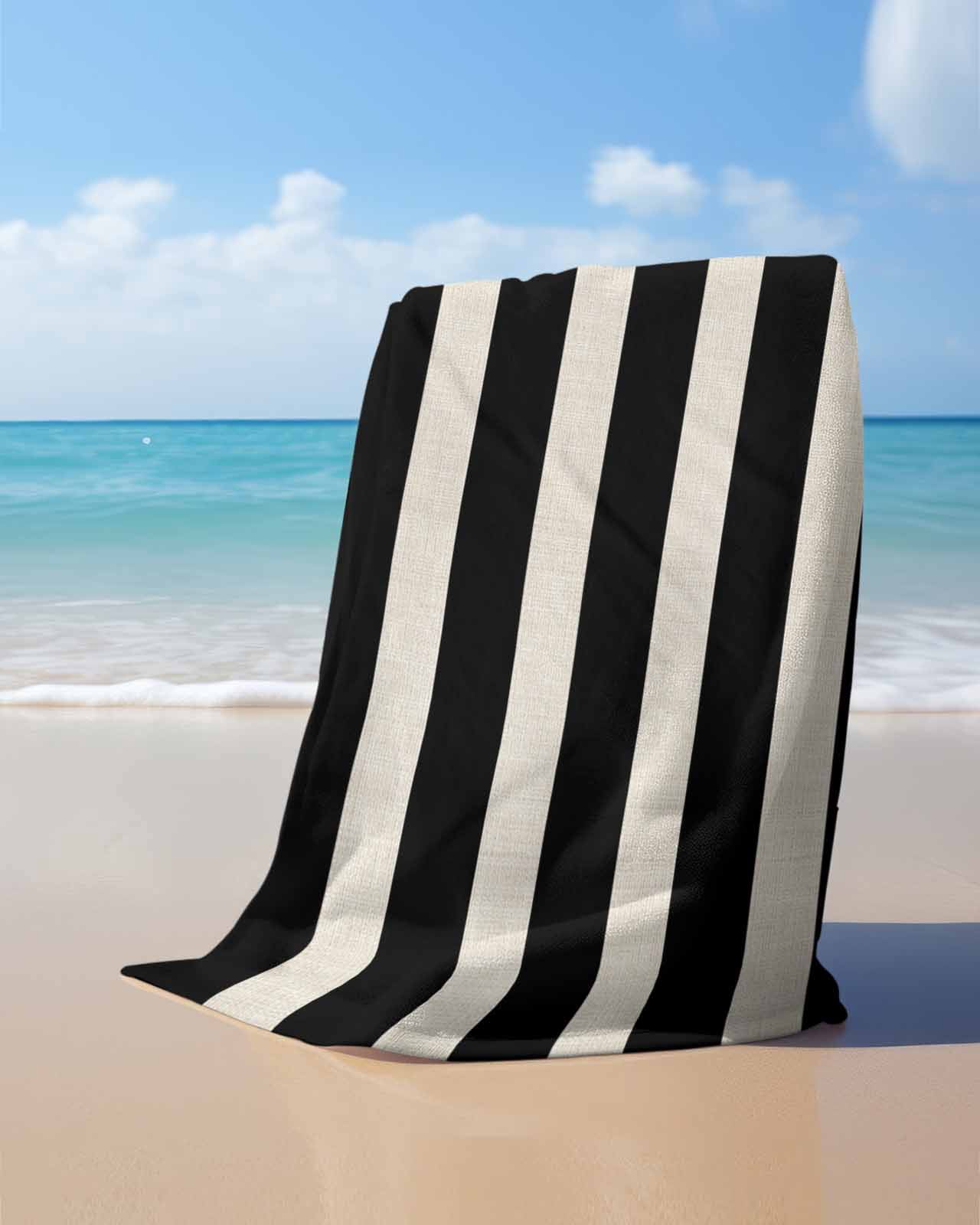 Black Beige Striped Beach Towels Oversized Super Absorbent, Vintage Geometric Line Simple Lightweight Bath Towel Quick Dry Sets For Bathroom/Pool/Rv Camping/Beach Play/Gym Room/Picnic 31"x62"