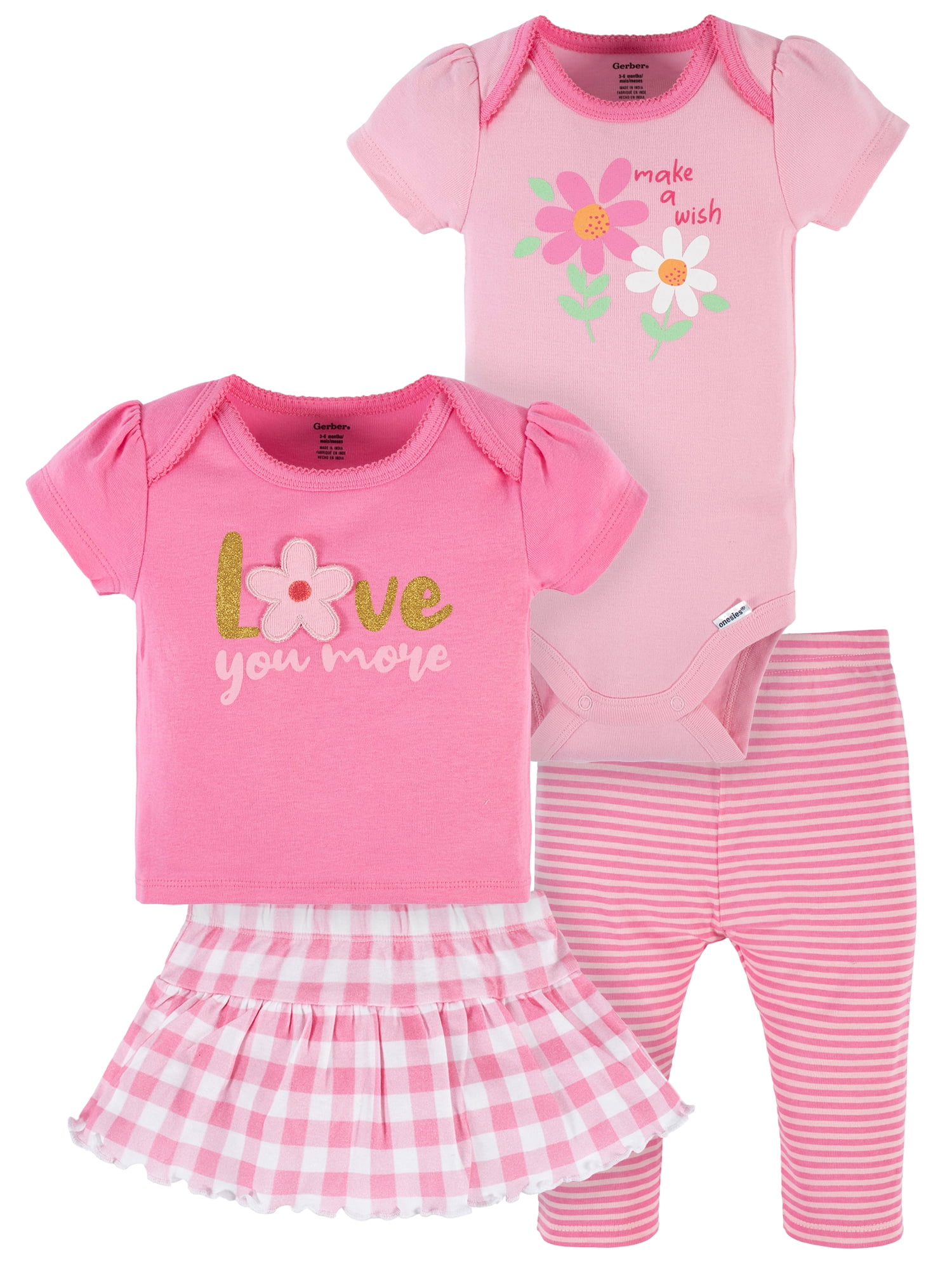 Gerber Baby Girl Onesies Bodysuit, Shirt, Skort & Pant Outfit Set, 4