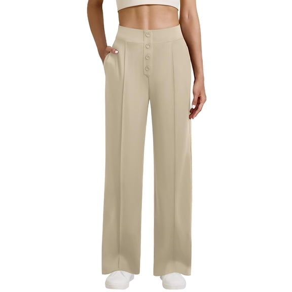 LWavelet Light Fabric High Waist Wide Leg Pants Women Daily Commute Wear Khaki XXL