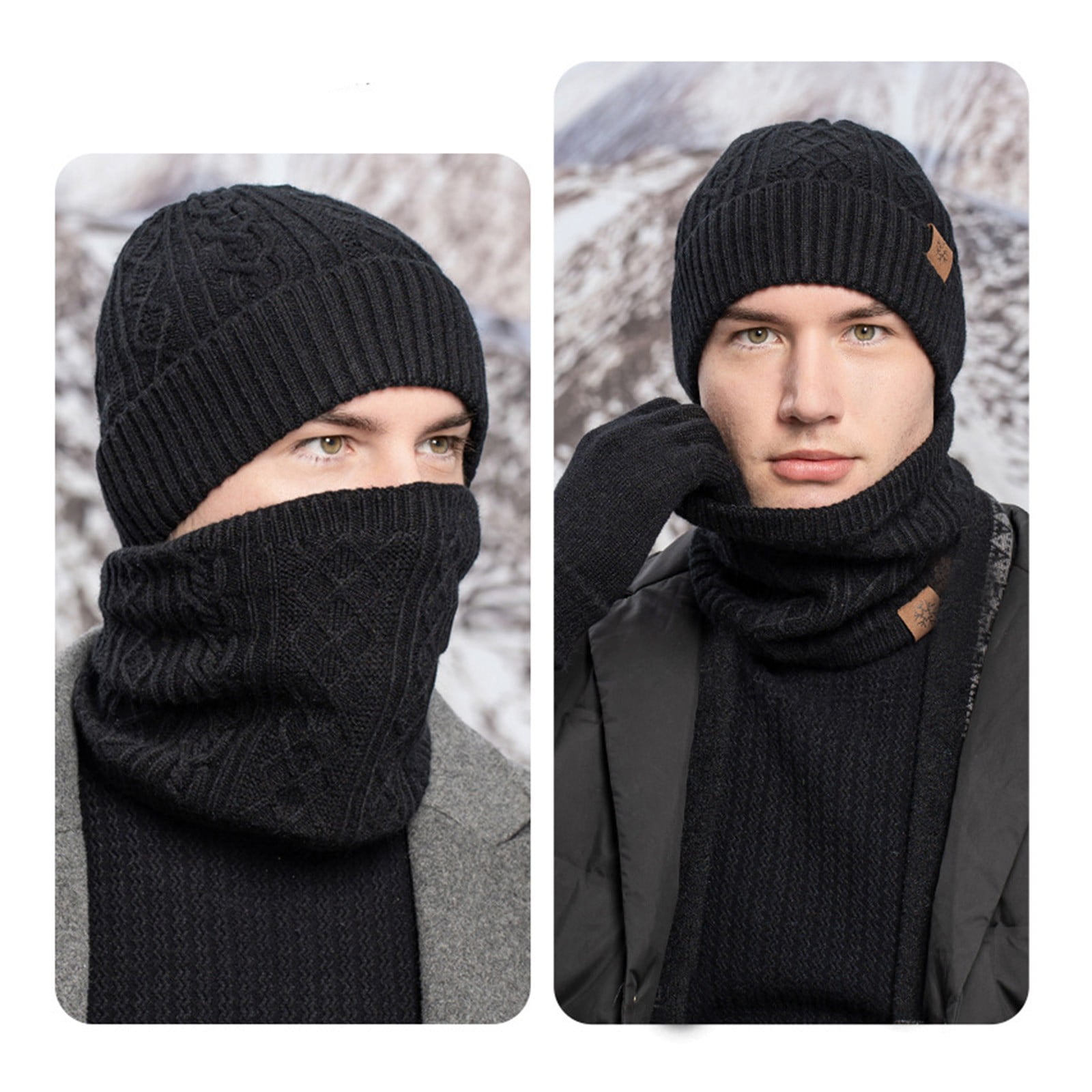 Winter Red Hat Scarf Gloves Set Warm Knit Neck Warmer Wool Thermal Cap  Outdoor Sport Ski Bike Mittens Men Women 