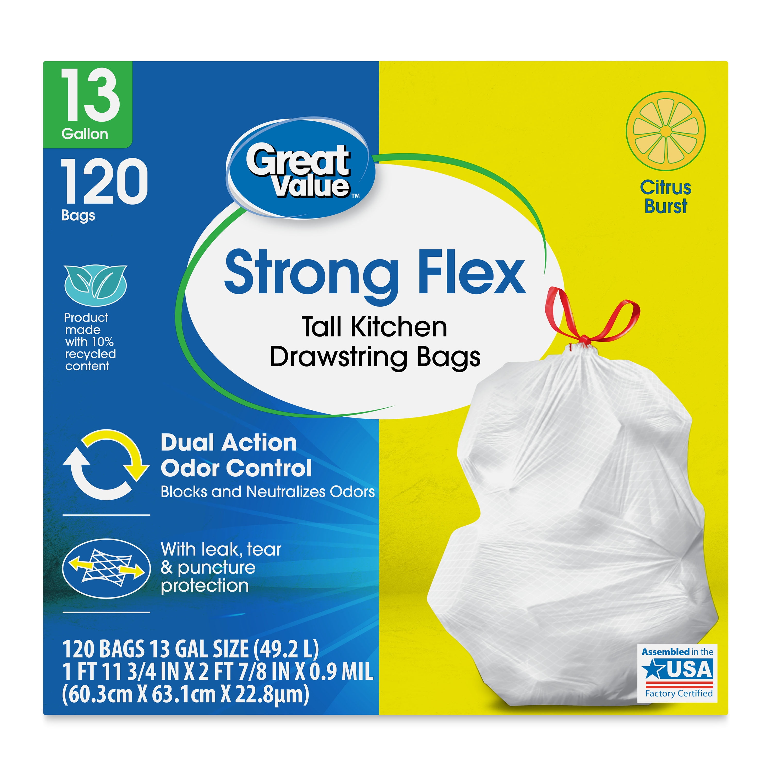 Great Value Strong Flex 13Gallon Tall Kitchen Drawstring Trash Bags